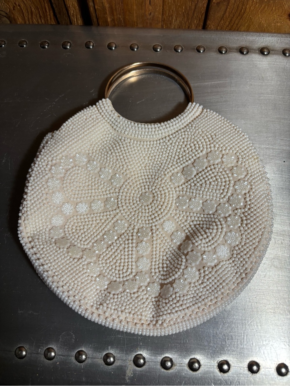 Vintage Hand-Beaded White Round Tote Bag with Gold Handle